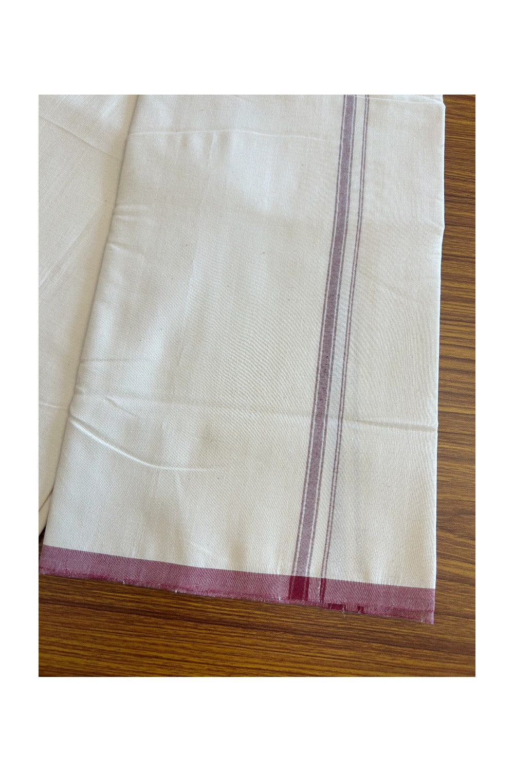 SIGNATURE KAITHARIKADA EXCLUSIVE SINGLE DHOTI - 25% Discount!!! 100% Cotton Balaramapuram HANDLOOM Single Mundu/Dhoti - Off White - (Unbleached) 1 cm Maroon & Silver KASAVU Kara (2 meter / 4 muzham)- 4KK5050KAI