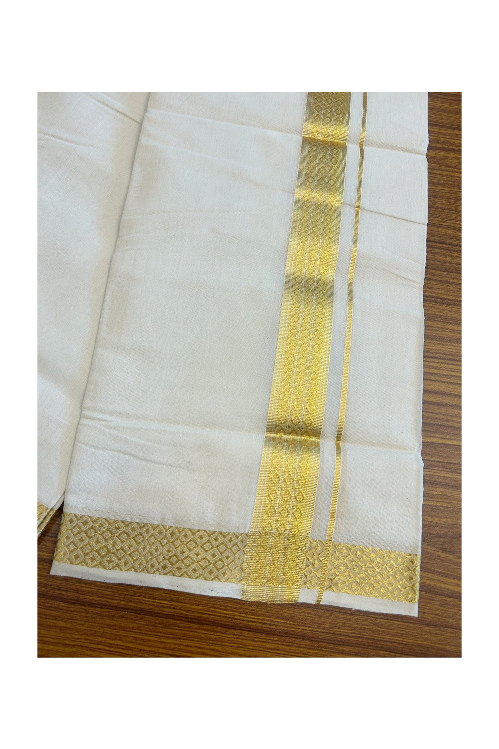 30% DISCOUNT! KaithariKada HANDLOOM Millpaav Balaramapuram - 100% PURE Cotton Off White (Unbleached) Double Mundu/Dhoti - 2.25 inch Designer Kasavu Kara - 29