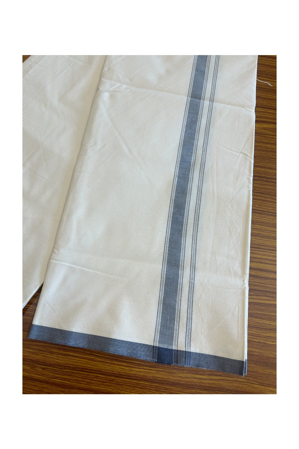 19% DISCOUNT ! KaithariKada Balaramapuram 100% COTTON SINGLE OFF WHITE - (Unbleached) Mundu/Dhoti-Twisted 100s Thread- 1.5 inch GREY Striped Kara (2 meter / 4 muzham)- 4KK5055ASH