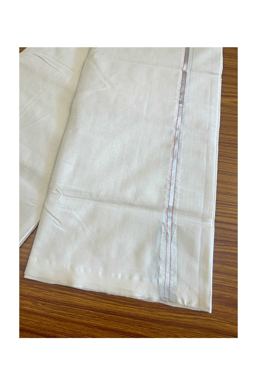30% DISCOUNT! KaithariKada BALARAMAPURAM HANDLOOM Unakkupaav- 100% PURE Cotton 100x100 Double Mundu/Dhoti OFF WHITE - (Unbleached) -PEACH & Silver Kasavu  0.75 inch PULIYILAKKARA  Chutty- 4KK506RAM