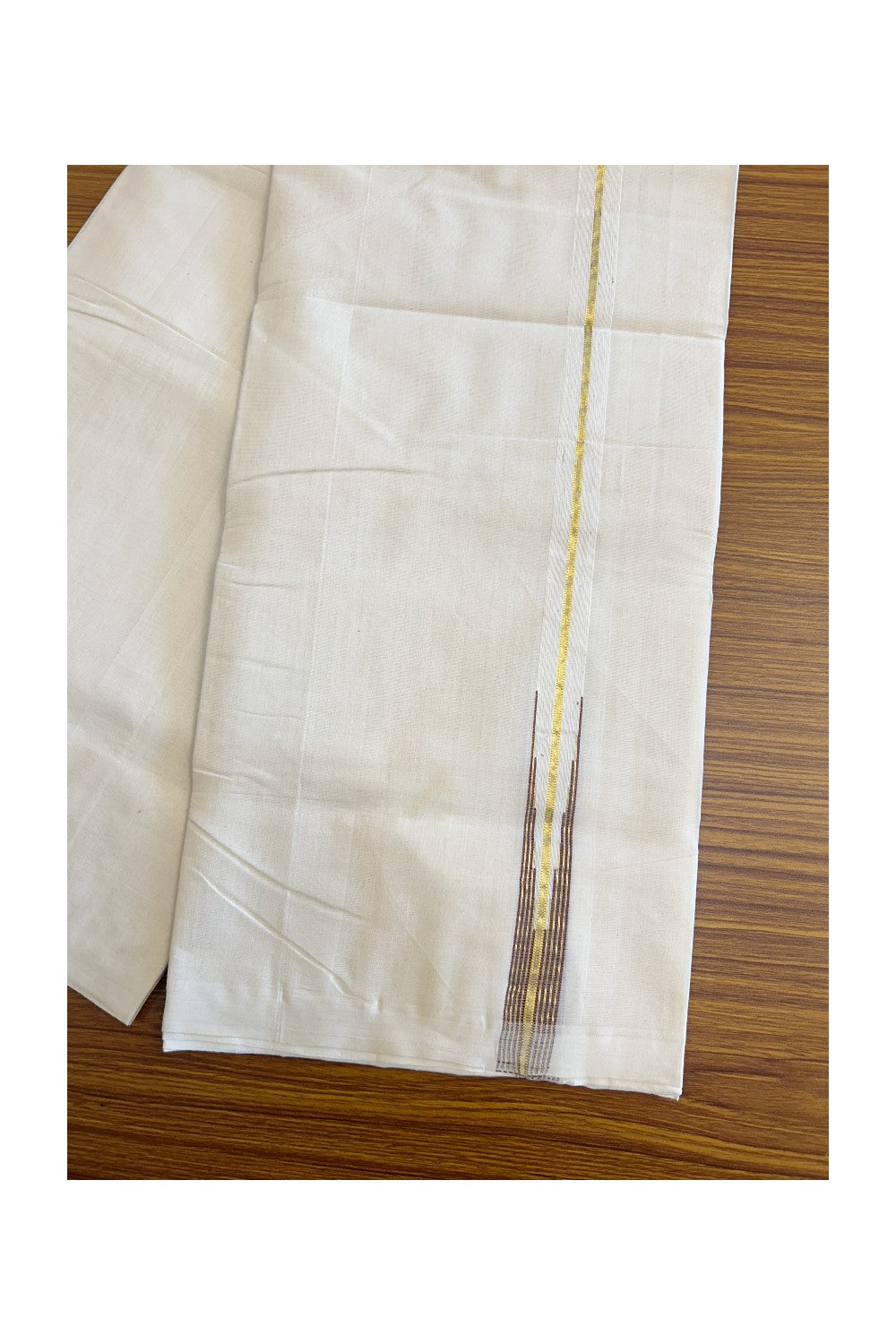 30% DISCOUNT!! KaithariKada HANDLOOM Millpaav Balaramapuram - 100% PURE Cotton OFF White (Unbleached) Double Mundu/Dothi - Puliyilakkara kasavu maroon chutty & stripes - 14KK86RAM