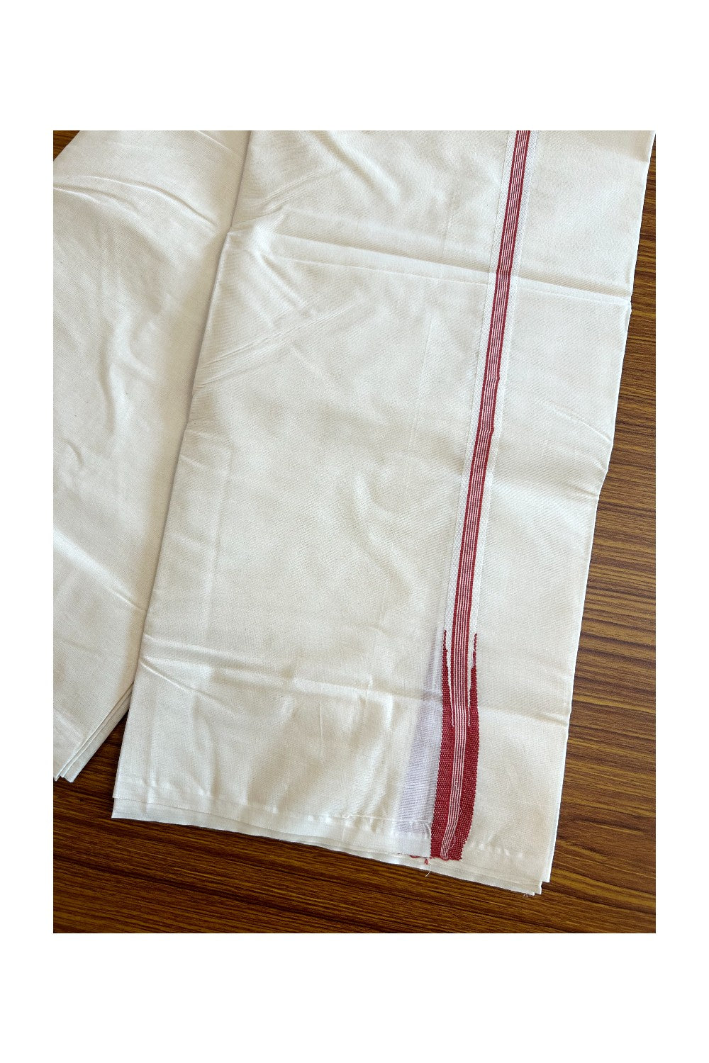 New!! 26% Discount ! KaithariKada Balaramapuram 100% Cotton Off white (Unbleached) Double Mundu/Dhoti-100x100 Puliyilakkara 2.cm Chutty BRICK RED Striped kara - 20KK417ASH