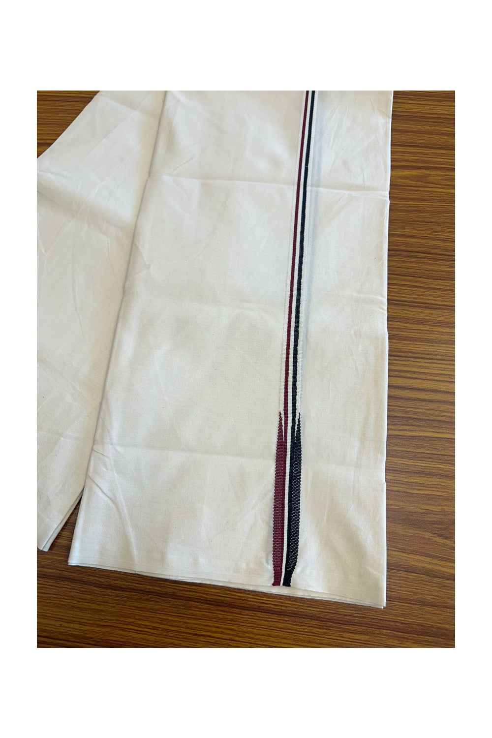 ADMK VESTHI 29% DISCOUNT ! KaithariKada Balaramapuram 100% COTTON SINGLE OFF WHITE (Unbleached) Mundu/Dhoti-100X100- 0.5 Inch  Puliyilakkara Maroon & Black Chutty Kara (2 metre - 4 muzham) - 4KK5084ASH