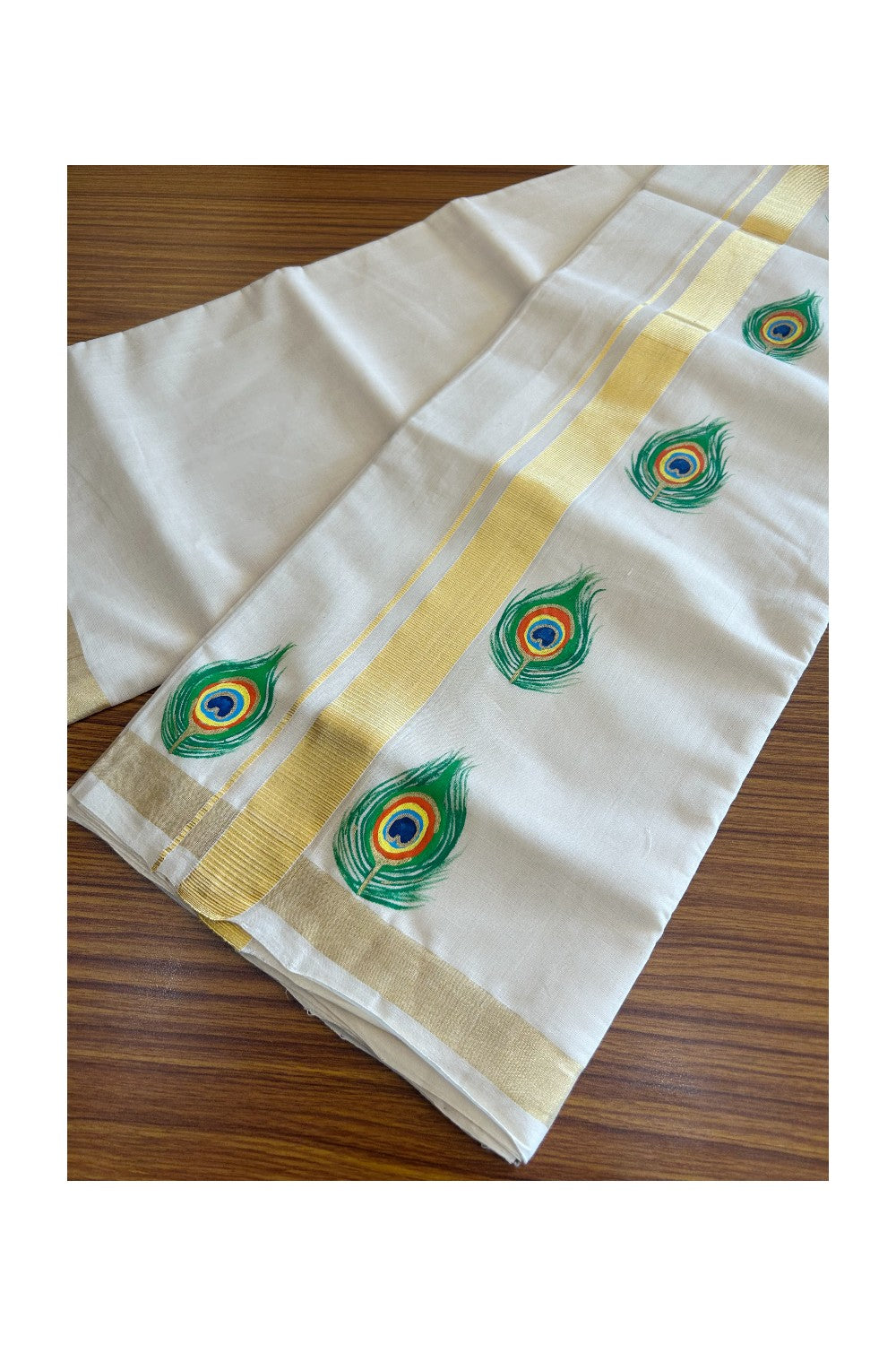 25% Discount!! KaithariKada HANDLOOM Millpaav Balaramapuram - 100% PURE Cotton OFF White - (Unbleached) Double Mundu/Dothi - 1.75 Inch Kasavu kara Hand Painted Peacock feather Design - 4KK5091RAM