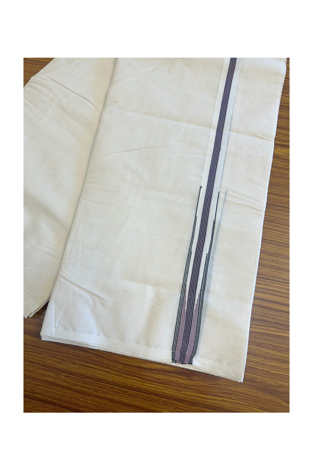 SHORT DHOTI SPECIAL! Kaitharikada.com - 19% Discount! Balaramapuram Double Off white - (Unbleached) Mundu/Dhoti - 100X100 - 1.25 inch Kara & 45 inches Height  Puliyilakkara Lavender & Black Striped Chutty Kara - 4KK5130ASH