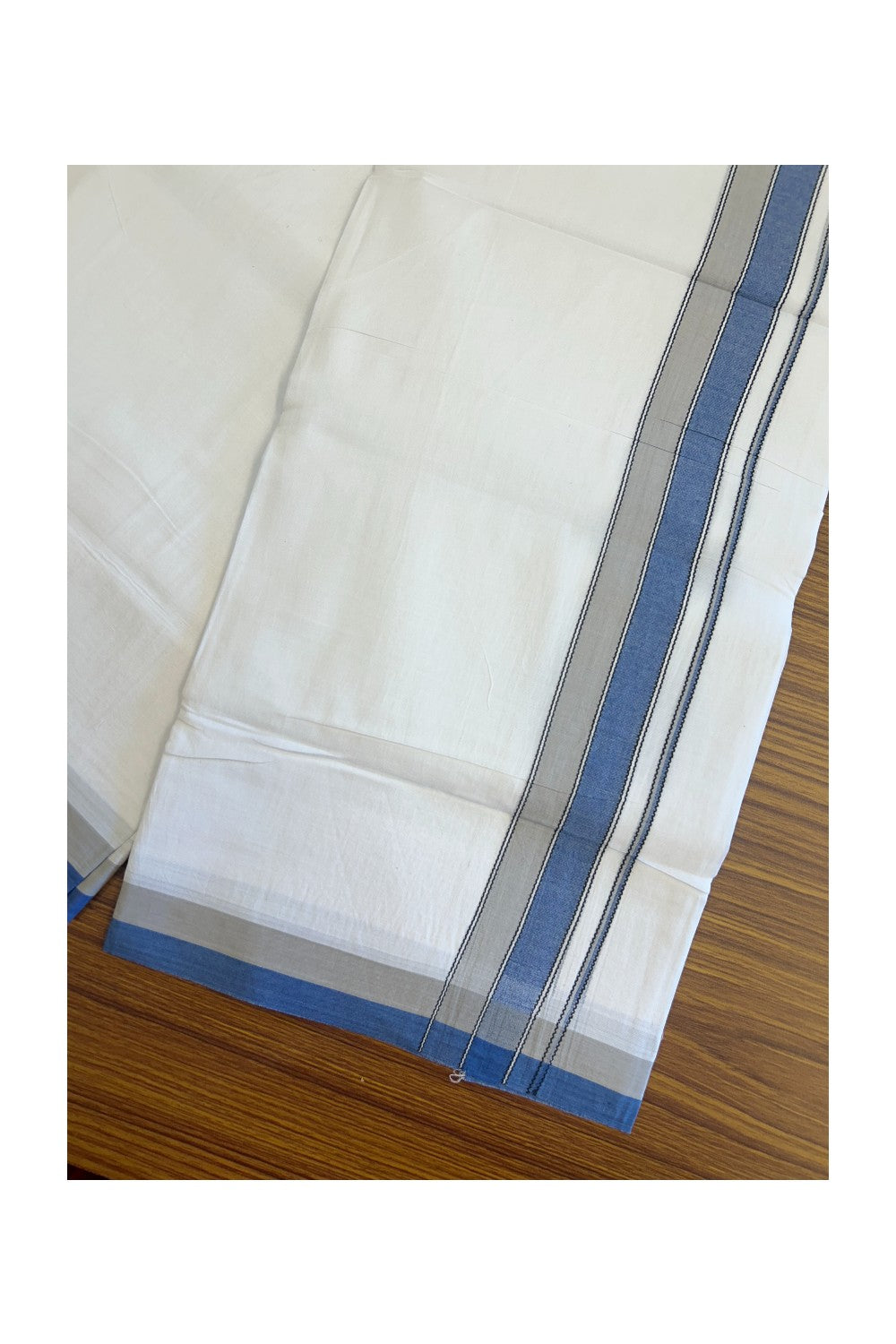 28% DISCOUNT! KaithariKada Balaramapuram 100% Cotton PURE WHITE Double Mundu/Dhoti-100x80- 1.75 inch Blue & Gray shaded designer kara - 4KK5134THI