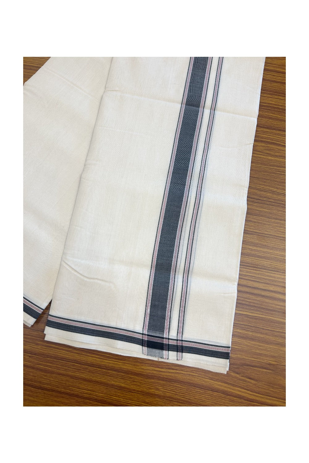 30% Discount!!! KaithariKada HANDLOOM UNAKKUPAAV Balaramapuram - 100% PURE Cotton OFF WHITE Double Mundu/Dhoti - 1.5 inch Black & Maroon striped Mulloth Kara - 4KK5136RAM