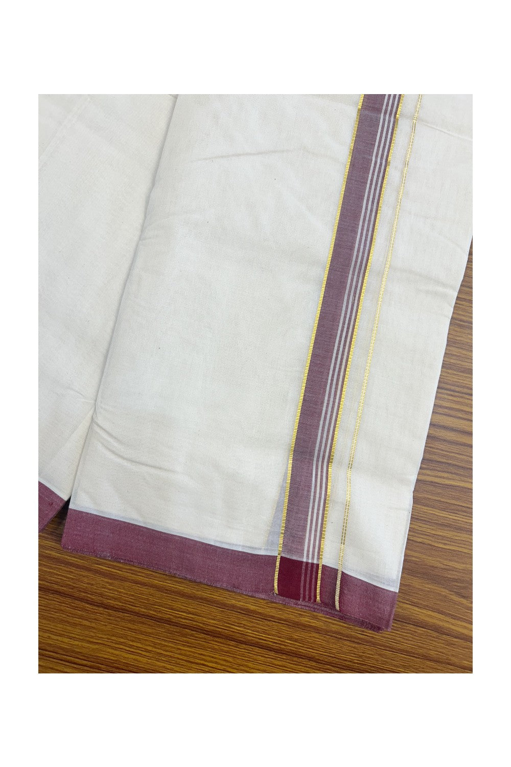 26% Discount KaithariKada Balaramapuram 100% Cotton Double Off white - (Unbleached) - Mundu/Dhoti- 100x80 - 1.25 inch Gold Kasavu & Maroon Striped Kara 3.70 mtr (8 Muzham)- 4KK5140ASH