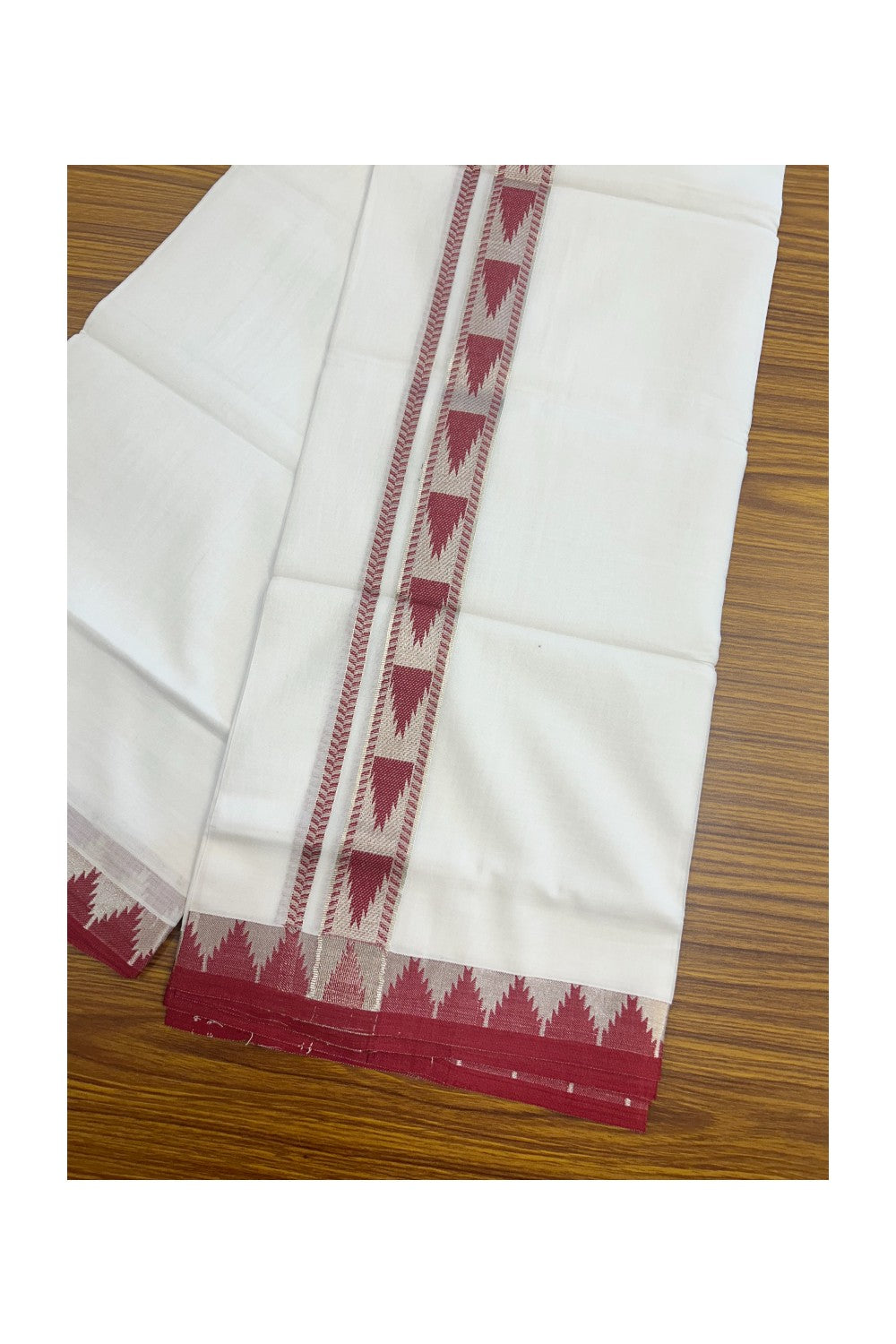 25% DISCOUNT! KaithariKada Balaramapuram 100% Cotton Double PURE white Mundu/Dhoti - 100x80 - 1.25 Inch Magenta Red & Silver kasavu Temple Design Kara - 4KK5147PMC