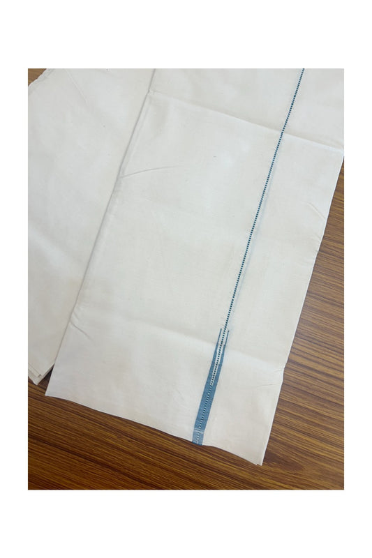 19% DISCOUNT ! KaithariKada Balaramapuram 100% COTTON SINGLE OFF WHITE (Unbleached) Mundu/Dhoti-100X100- 0.25 inch  Puliyilakkara Muthukuri Peacock Blue & Silver Kasavu Chutty Kara (2 meter / 4 muzham) - 4KK5158ASH