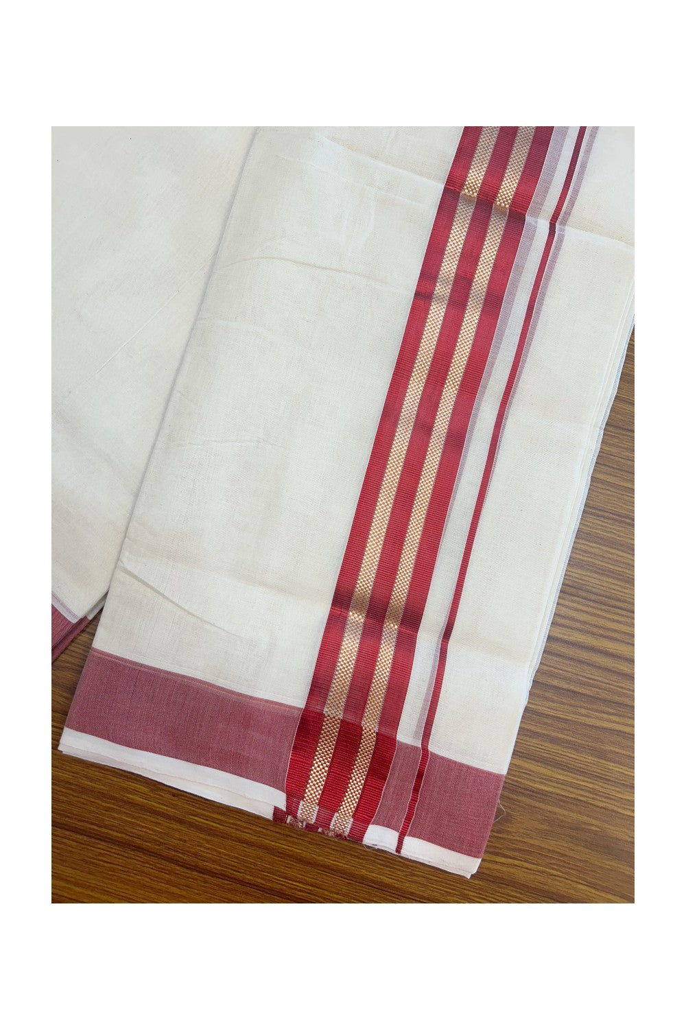 27% DISCOUNT!! KaithariKada HANDLOOM millpaav Balaramapuram - 100% PURE Cotton OFF White - (Unbleached) Double Mundu/Dothi - 2 inch Red colour kasavu  & Gold Kasavu Striped kara - 9KK5162RAM