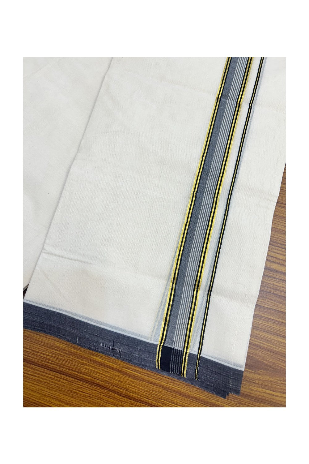 SHORT DHOTI SPECIAL! Kaitharikada.com 34% DISCOUNT! KaithariKada Balaramapuram 100% Cotton  Off white (Unbleached) Double Mundu/Dhoti-100x100 - 1.25 inch Kara & 46 inches Height Navy Blue & Kasavu Kara- 4KK5168ASH