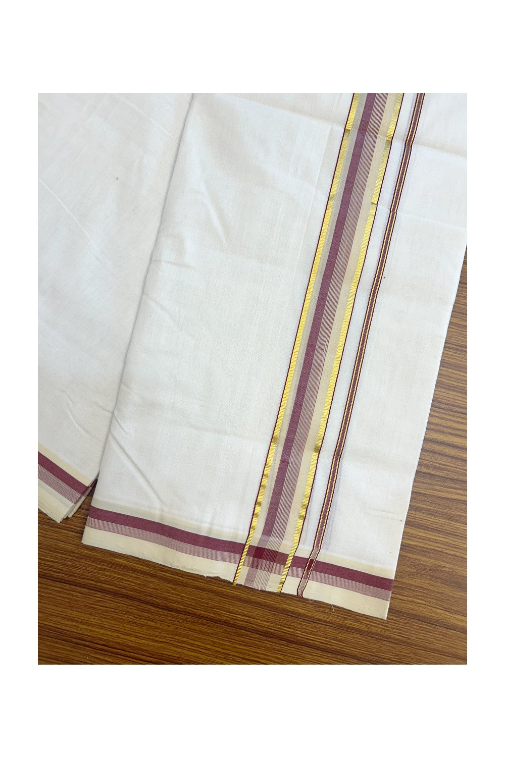25% DISCOUNT!! KaithariKada HANDLOOM Unakkupaavu Balaramapuram - 100% PURE Cotton Off White (Unbleached) Double Mundu/Dhoti - 1.5 inch Maroon & Cream with Kasavu Stripes - 4KK5169REA