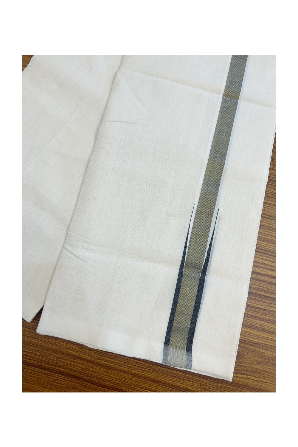25% DISCOUNT! KaithariKada BALARAMAPURAM HANDLOOM MILLPAAV - 100% PURE Cotton Off white (Unbleached) Double Mundu/Dhoti - 1.25 inch BLACK & Gold Kasav Chutty Kara - 9KK5170RAM