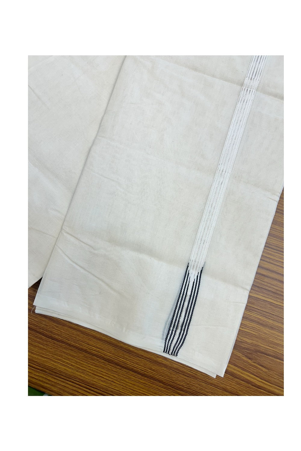 21% Discount! KaithariKada Balaramapuram 100% Cotton Off White - (Unbleached) - Double Mundu/Dhoti-100x100 - 0.75 inch 6 line Puliyilakkara Black & Silver Kasavu Chutty Kara - 4KK5179ASH