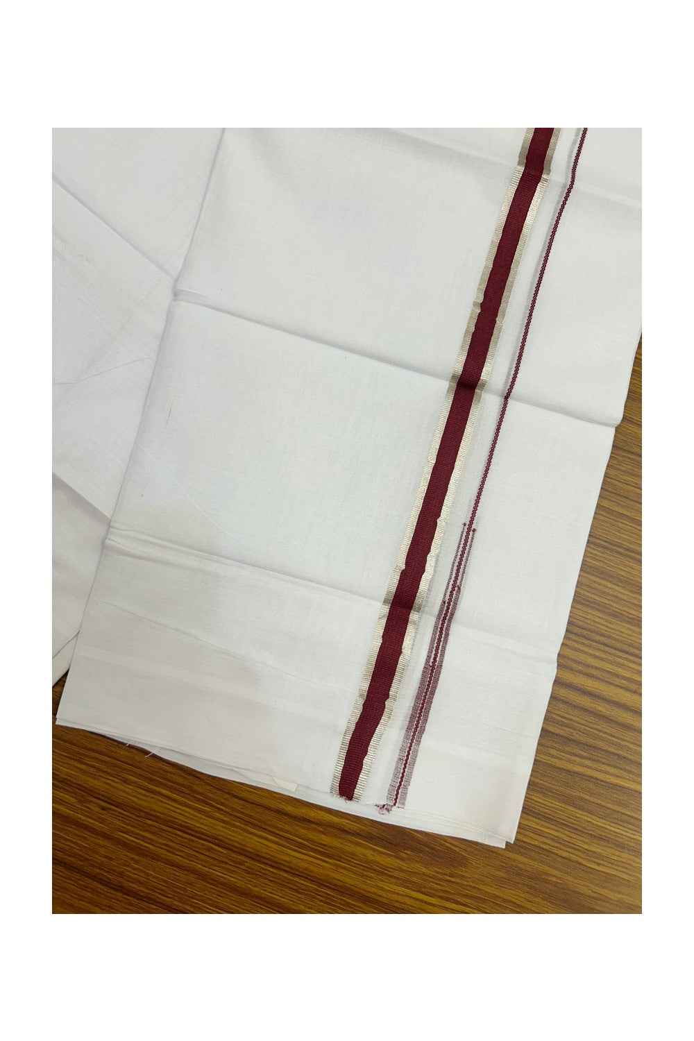 20% Discount !! Kaitharikada Balaramapuram 100% Cotton PURE WHITE Double Mundu/Dothi - 100x80 - 0.75 inch Silver Kasavu & Maroon Chutty Kara - 4KK5191CKS