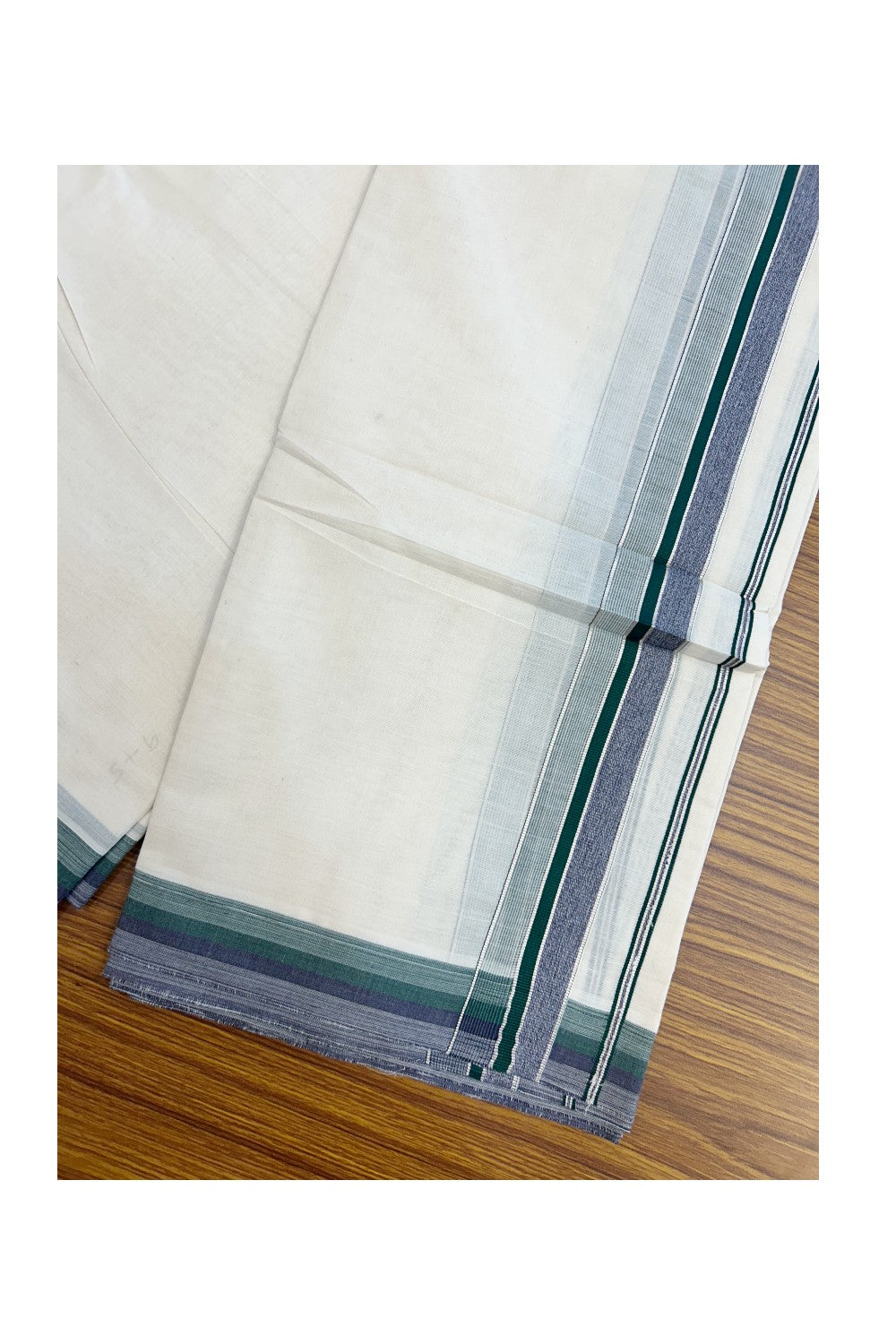 20% DISCOUNT! KaithariKada  Cotton OFF White - 100x80 thread-  NORTH INDIAN ATTACHED GAMCHA - 9X5 Dhoti - 1.5 inch Silver Kasavu Dark Green & Shaded Violet Stripes Kara - 4KK5189PMC