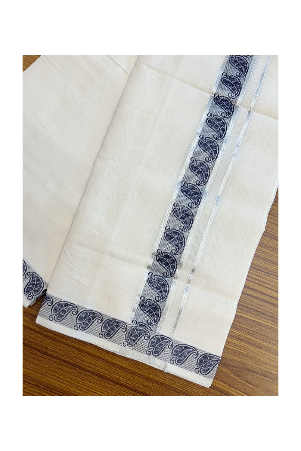 25% DISCOUNT ! KaithariKada HANDLOOM Unakkupaav Balaramapuram - 100% PURE Cotton Off White - (Unbleached) Double Mundu/Dhoti - 1.75 inch Silver Kasavu & Blue Jacquard Design Kara - 4KK5190ABH