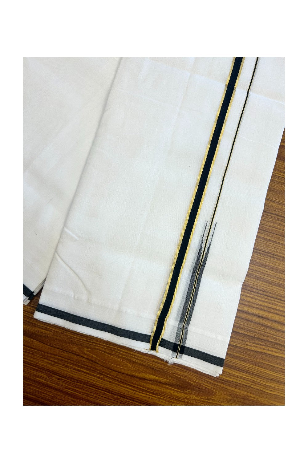 25% Discount!! NEW ULTRA PURE WHITE HANDLOOM Balaramapuram - 100% Mercerised Cotton Double Mundu/Dhoti - 120(Twisted) x 80 - 0.5 inch Black Kasav Puliyilakkara Chutty - 4KK5195REA