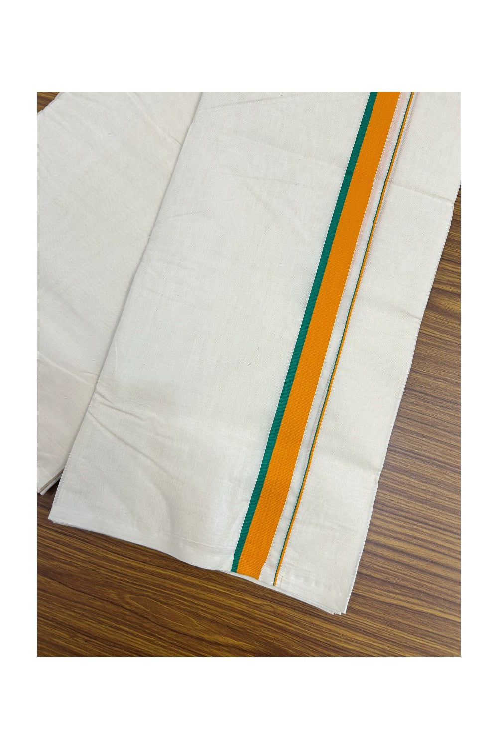 BJP VESHTI - 20% DISCOUNT! KaithariKada 100% Cotton off white Double - (Unbleached) Mundu/Dhoti - 100X80 - 1 inch Orange & Green Kara - 4KK5198ASH
