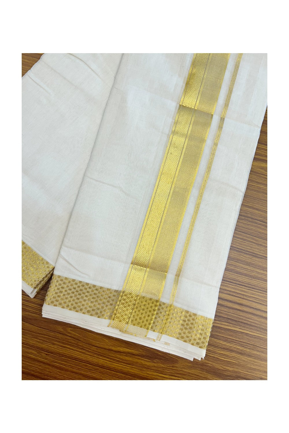 25% DISCOUNT ! KaithariKada HANDLOOM UNAKKUPAAV Balaramapuram - 100% PURE Cotton Off White - (Unbleached) Double Mundu/Dhoti - 2.25 inch Gold Kasavu Striped Jacquard Design Kara - 4KK5208ABH