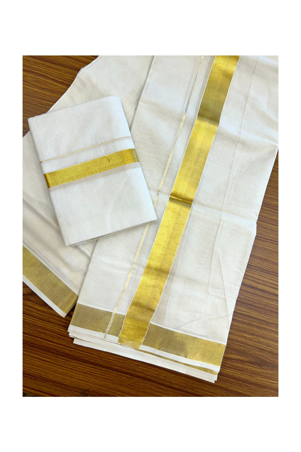 20% Discount!! KaithariKada Balaramapuram - 100% PURE Cotton Off White  (Unbleached) Mundu/Dhoti & Neriyath set - 1.5 Inch Kasavu Kara - 4KK5213 VIN
