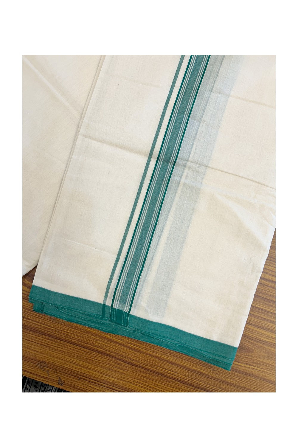 PREMIUM HANDLOOM-20% DISCOUNT! KaithariKada  Cotton OFF White - 100x80 thread-  NORTH INDIAN ATTACHED GAMCHA - 9X5 & 10X6 muzham Dhoti - 1.5 inch Green Border - 4KK5223VEL