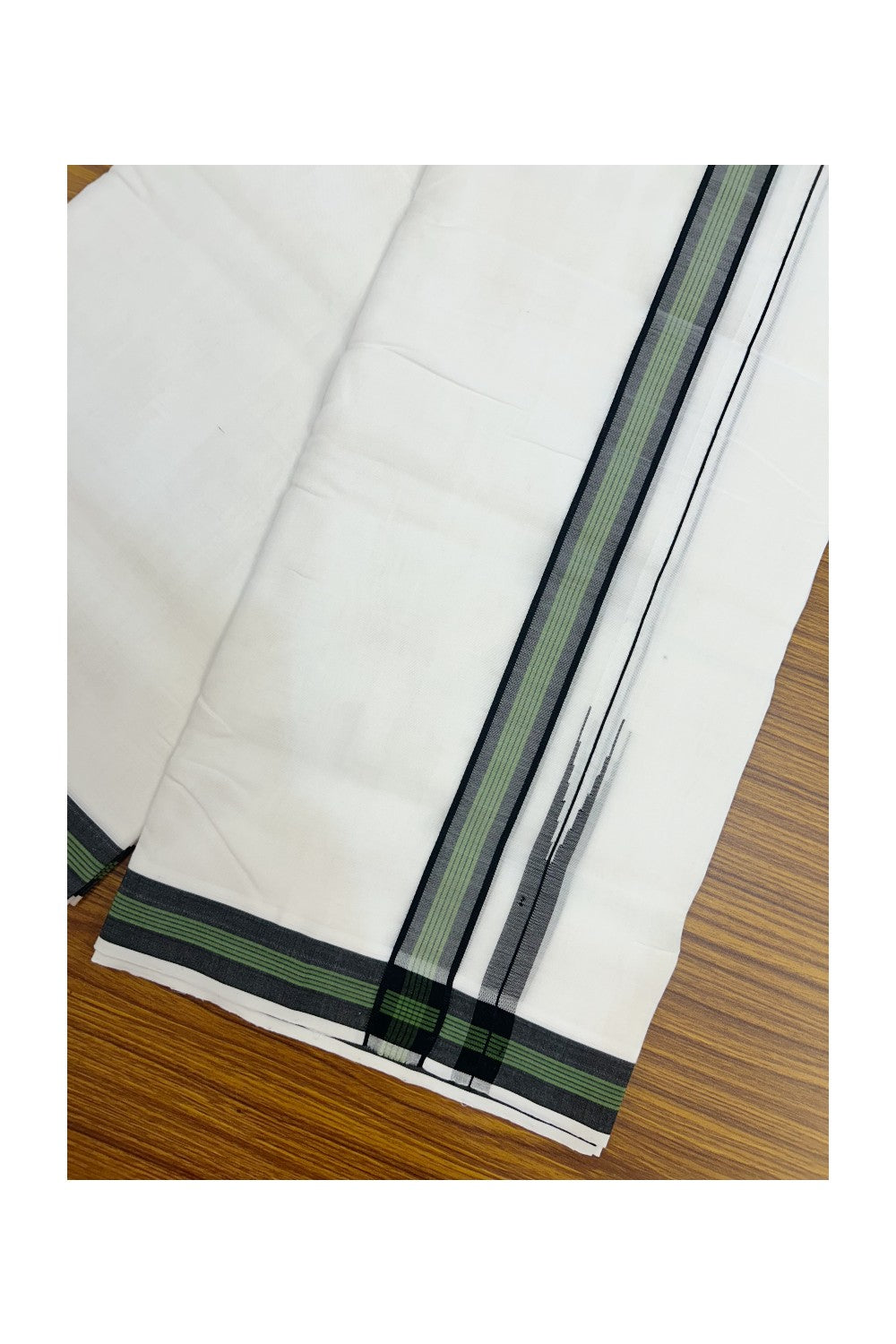 25% Discount!! NEW ULTRA PURE WHITE HANDLOOM Balaram apuram - 100% Mercerised Cotton Double Mundu/Dhoti - 120 twisted warp x 80s weft - 1.5 inch Puliyilakkara Black & Green Striped Chutty Kara - 4KK5232 REA