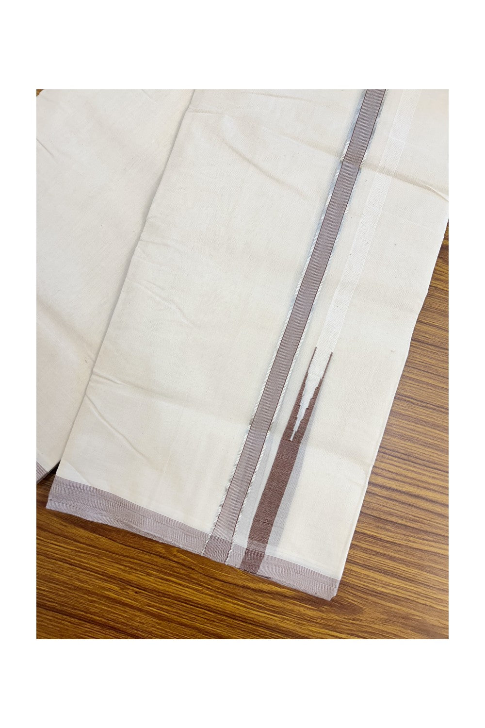25% Discount! KaithariKada HANDLOOM MILLPAAV Balaramapuram - 100% PURE Cotton OFF White Double - (Unbleached) Mundu/Dothi - 80x90 - 1 inch Puliyilakkara Brown & Silver Kasavu Stripes chutty Kara 4 mtr (8.5 Muzham) - 4KK5234 RAM