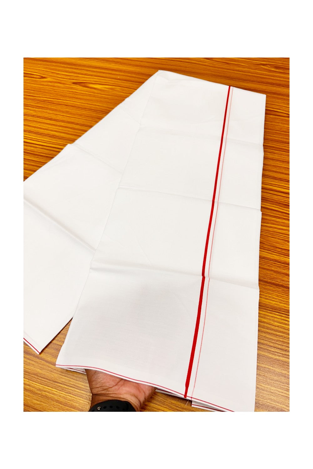 21% OFFER!! KaithariKada WRINKLE FREE Cotton PURE WHITE SINGLE Mundu/Dhoti-40X40 Red+Maroon 1 cm (2 meter / 4 muzham) Kara- 4uat