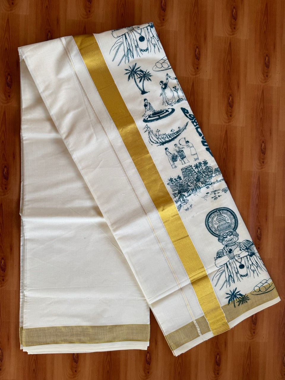 Double Off White - Onam Festival Print - (Unbleached) Mundu/Dhoti- 20% Discount!! KaithariKada Balaramapuram Mixed Cotton 60s - 1.5 inch Gold Kasav with Peaock Green Printed Design Kara - 4 KK5474 GAN