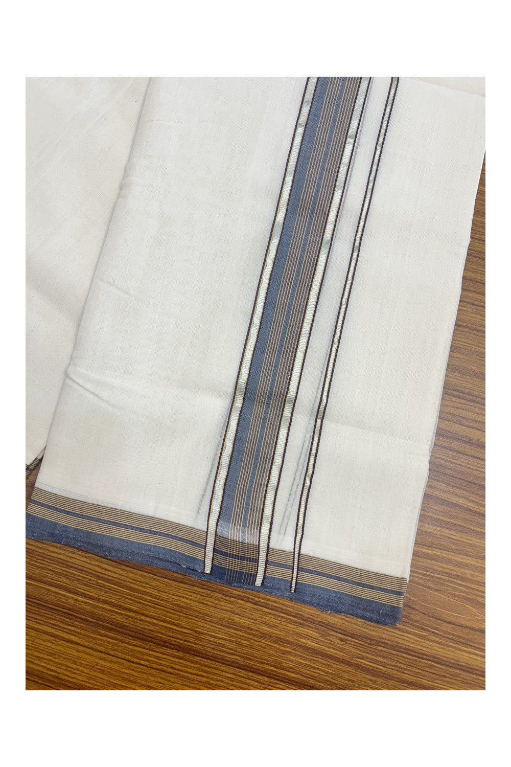 28% DISCOUNT! KaithariKada BALARAMAPURAM HANDLOOM UNAKKUPAAV - 100% PURE Cotton Off white (Unbleached) Double Mundu/Dhoti - 1.75 inch Silver Kasavu Sage green Navy blue Kara - 4KK5153RAM