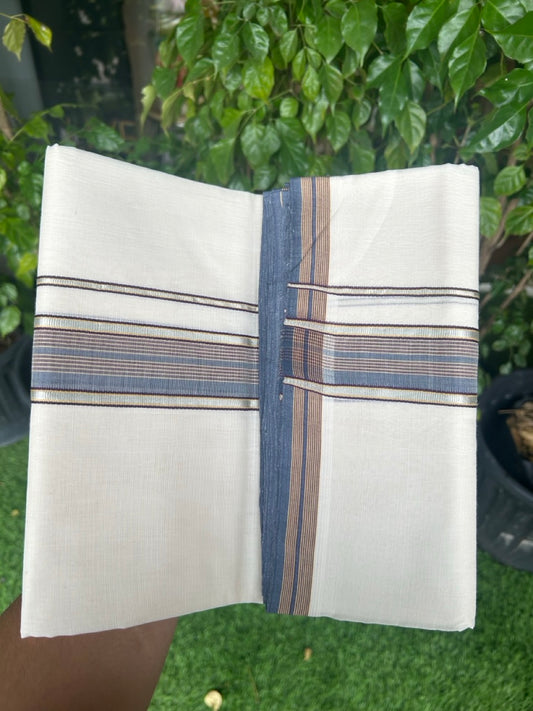 28% DISCOUNT! KaithariKada BALARAMAPURAM HANDLOOM UNAKKUPAAV - 100% PURE Cotton Off white (Unbleached) Double Mundu/Dhoti - 1.75 inch Silver Kasavu Sage green Navy blue Kara - 4KK5153RAM