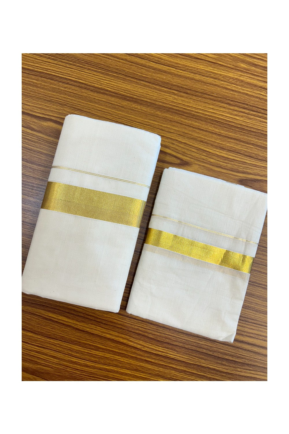 20% Discount!! KaithariKada Balaramapuram - 100% PURE Cotton Off White  (Unbleached) Mundu/Dhoti & Neriyath set - 1.5 Inch Kasavu Kara - 4KK5213 VIN