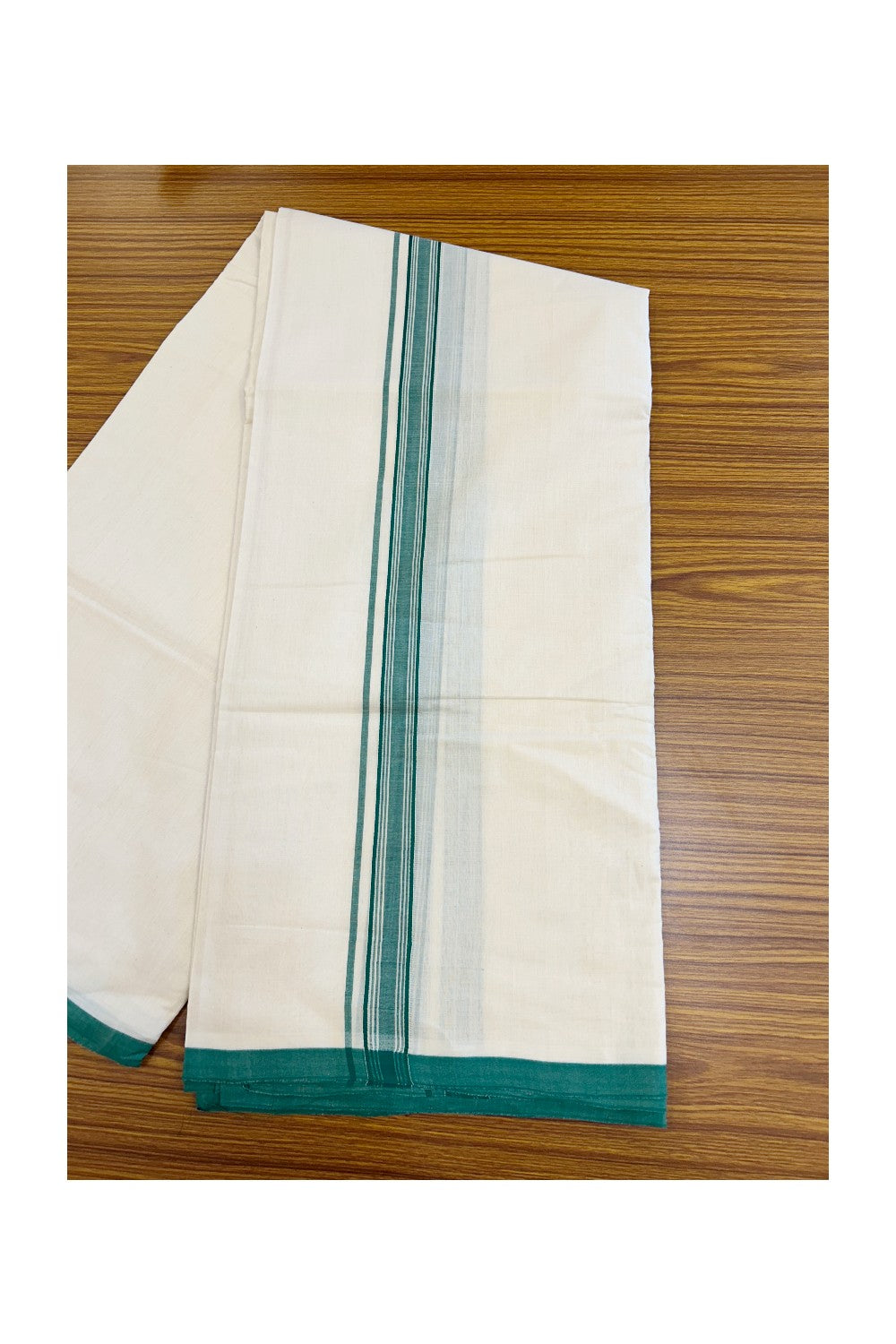 PREMIUM HANDLOOM-20% DISCOUNT! KaithariKada  Cotton OFF White - 100x80 thread-  NORTH INDIAN ATTACHED GAMCHA - 9X5 & 10X6 muzham Dhoti - 1.5 inch Green Border - 4KK5223VEL
