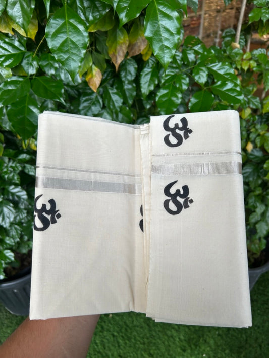 KaithariKada Balaramapuram 100% Cotton Double Off white - (Unbleached) Mundu/Dhoti-100x80 - 0.5 inch Hand Painted Silver Kasav & Black Ohm Design Kara 3.80 mtr (8 muzham) - 4 KK5244 ASH