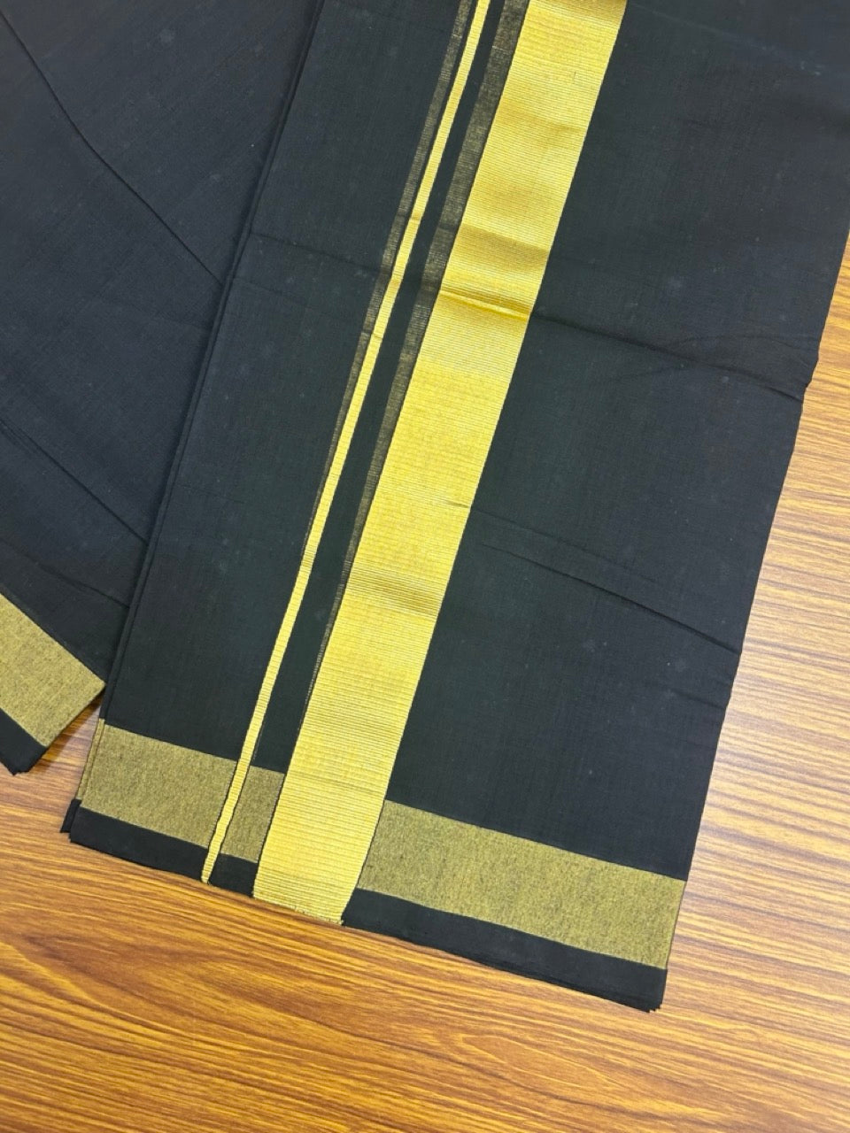 25% Discount! KaithariKada Handloom Unakkupaav Balaramapuram - Pure Cotton Double Mundu/Dhoti (Unbleached) - 80x90s - Black Colour Body - 1.5 inch Gold Kasavu Kara - 93 KK5256 RAM