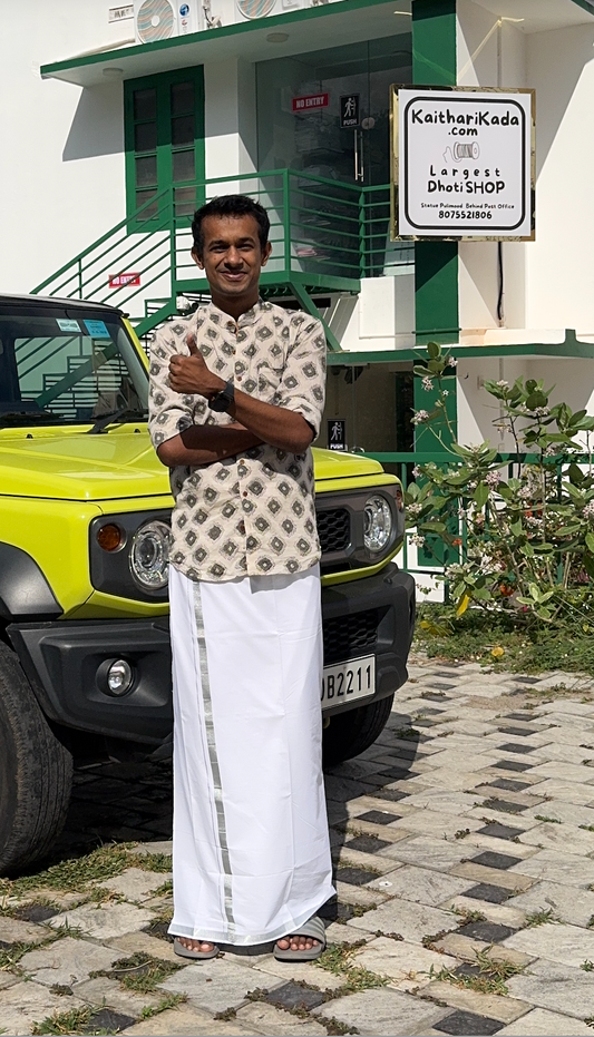Single Pure White 100% Pure Cotton Mundu/Dhoti - KaithariKada Mill Bleached- 40s - 0.5 inch Silver Kasav (2 meter / 4 muzham) - 4 KK5467 MC