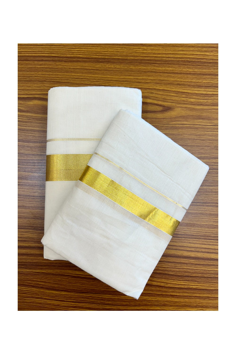 20% Discount!! KaithariKada Balaramapuram - 100% PURE Cotton Off White  (Unbleached) Mundu/Dhoti & Neriyath set - 1.5 Inch Kasavu Kara - 4KK5213 VIN
