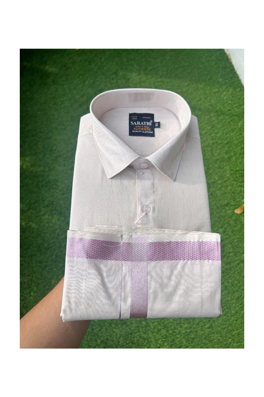 NEW! Kaitharikada Special - Art Silk Men's Shirt & Dhoti Set - Light Purple Full Sleeve shirt and Light Purple  Dhothi with Light Purple Kasavu Kara- 4KK6003SAR.
