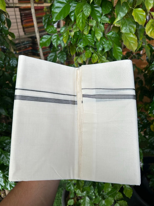 25% DISCOUNT!! KaithariKada HANDLOOM  UNAKKUPAAV Balaramapuram - 100% PURE Cotton OFF White - (Unbleached) Double Mundu/Dothi - 100 x 80 - 0.25 inch Silver Black Stripes Kara 4 meter - 40 KK5249 REA