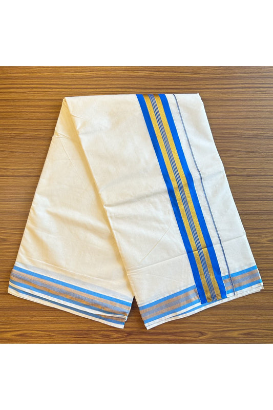 Kaitharikada Kerala Saree - Cotton Kasavu Saree  3.75 Inch  Pallu - Blue & Gold Kasavu Stripes - 40KK300VIN