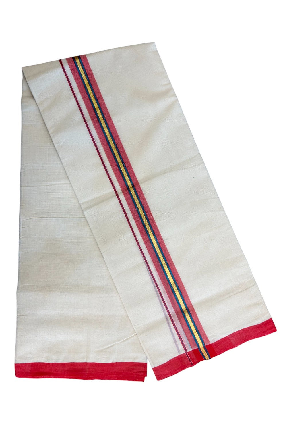 25% DISCOUNT!! KaithariKada HANDLOOM Millpaav Balaramapuram - 100% PURE Cotton OFF White - (Unbleached) Double Mundu/Dothi - 2 Inch PEACOCK BLUE GOLD KASAVU & RED Stripes Kara - 40KK5029RAM