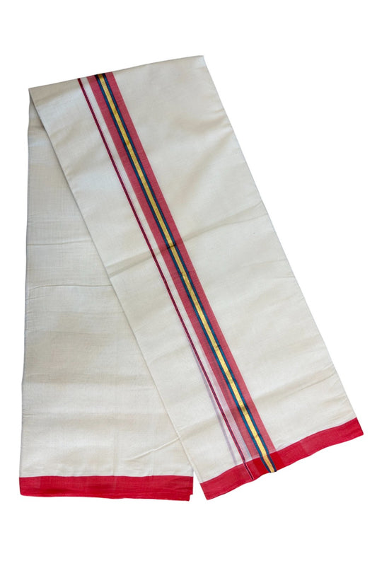 25% DISCOUNT!! KaithariKada HANDLOOM Millpaav Balaramapuram - 100% PURE Cotton OFF White - (Unbleached) Double Mundu/Dothi - 2 Inch PEACOCK BLUE GOLD KASAVU & RED Stripes Kara - 40KK5029RAM