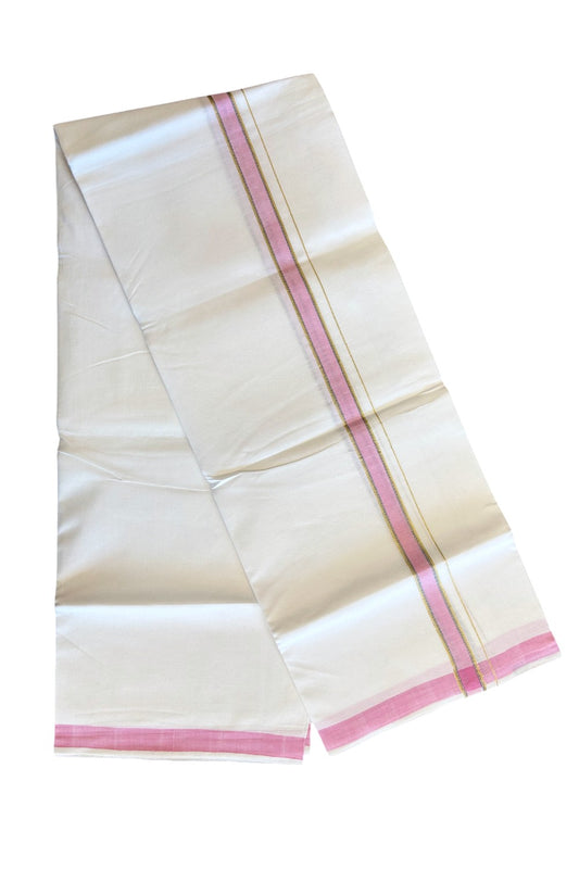 25% OFFER! KaithariKada 100% Cotton Balaramapuram HANDLOOM Single  PURE WHITE Mundu/Dhoti - 3.5 cm Pink Kasavu Kara & Blue Stripes Design (2 meter / 4 muzham)- 40KK5067KK