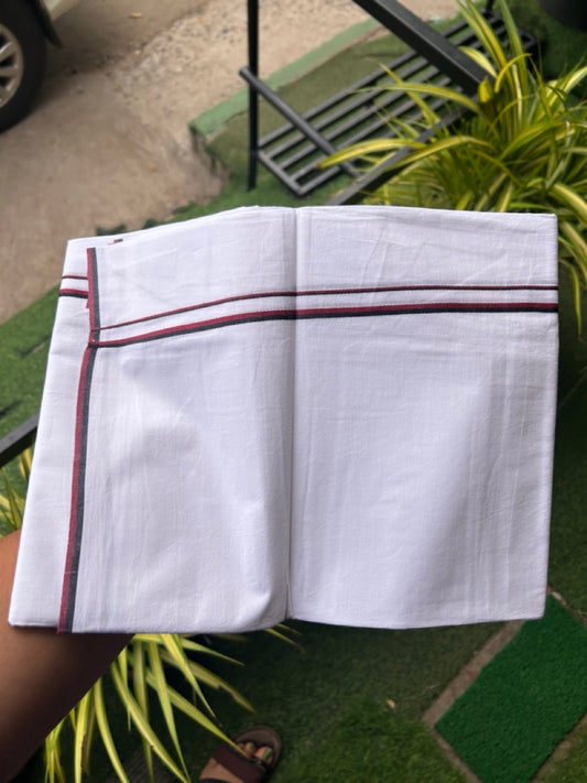 DMK Veshti - 45% DISCOUNT! KaithariKada 100% Cotton Pure white Double Mundu/Dhoti - 60s thread - 0.5 cm Black & Maroon kara - 40KK5143PMC