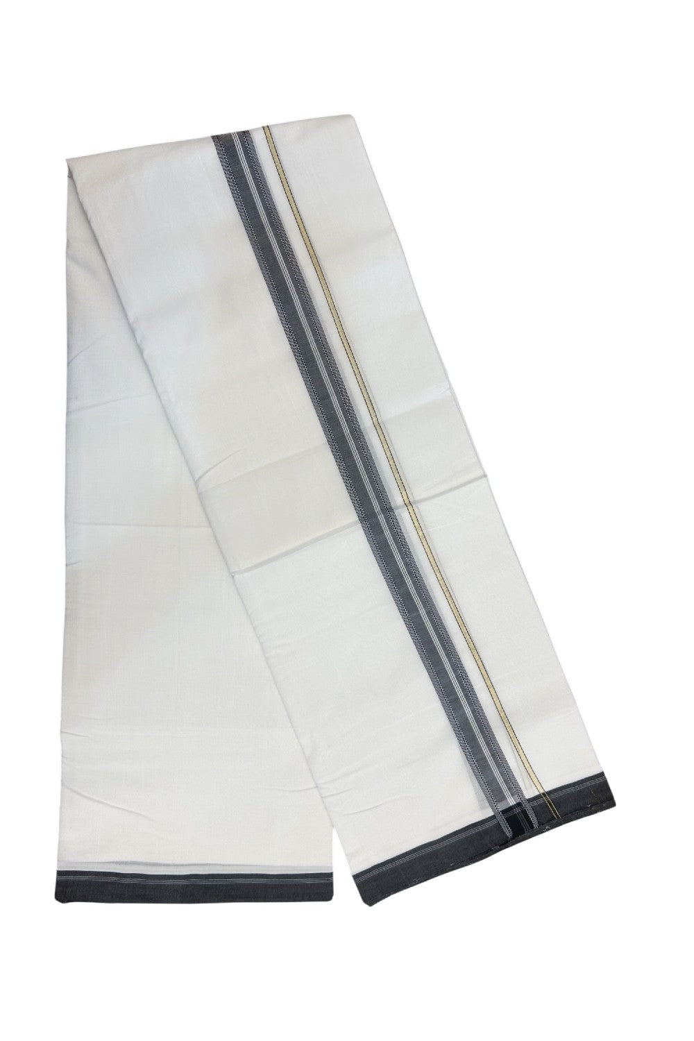 25% Discount! NEW ULTRA PURE WHITE HANDLOOM Balaramapuram - 100% Mercerised Cotton Double Mundu/Dhoti - 120(Twisted) x 80 - 3 cm Pure Kasavu Black shaded muthukuri & White stripes Kara 3.80 meter (8.5 Muzham) - 40KK5167REA