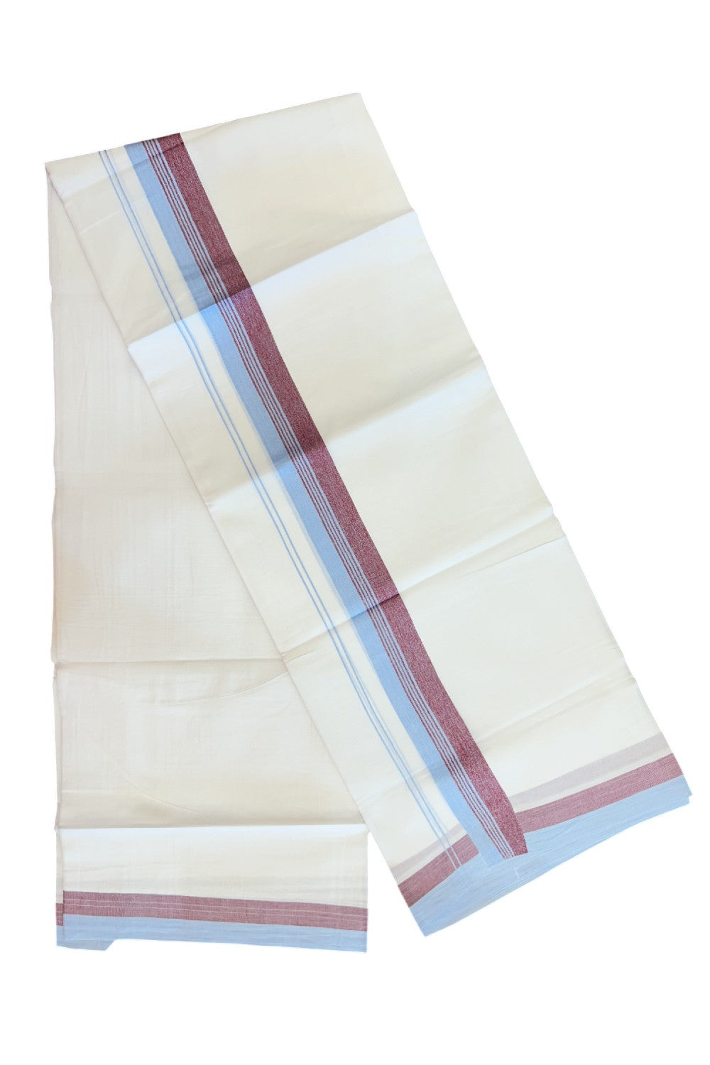 20% Discount ! Kaitharikada Balaramapuram 100% Cotton PURE WHITE Double Mundu/Dothi - 100x80 - 1.5 inch Sky Blue & Magenta Shaded Striped Kara - 40KK5182VAS
