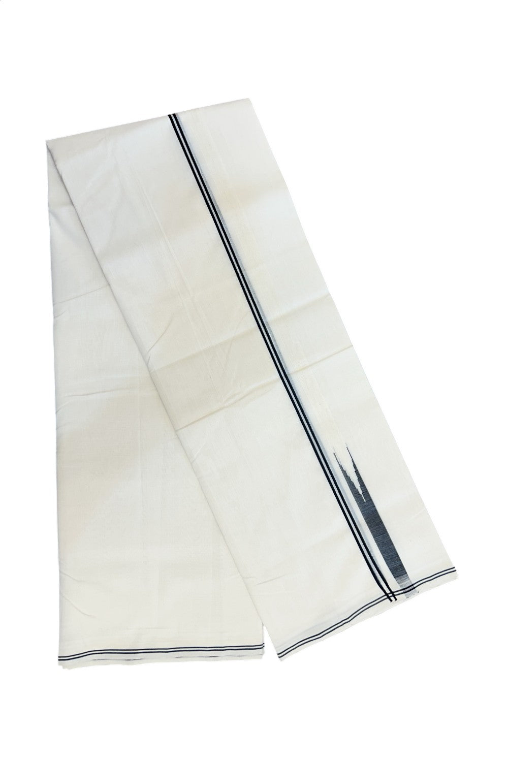 25% DISCOUNT!! KaithariKada HANDLOOM  UNAKKUPAAV Balaramapuram - 100% PURE Cotton OFF White - (Unbleached) Double Mundu/Dothi - 80X100 - 1 cm Black stripes Puliyilakkara Black chutty Kara 3.80 meter (8.5 Muzham) - 40KK5209 REA