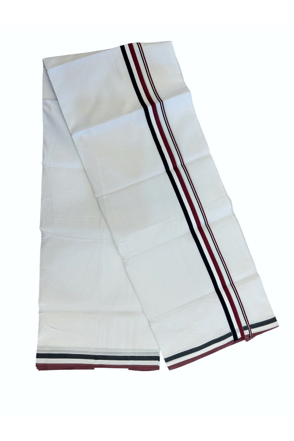 ADMK VESHTI - 20% DISCOUNT! KaithariKada 100% Cotton PURE WHITE Double Mundu/Dhoti - 100X100 - 1 inch Black White & Maroon kara 4 mtr (8.5 muzham) - 2KK5102ASH